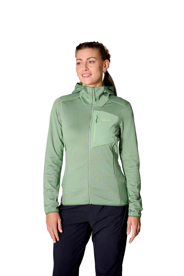 Rab Women's Ascendor Hoody in Dark Fig Green - front, worn