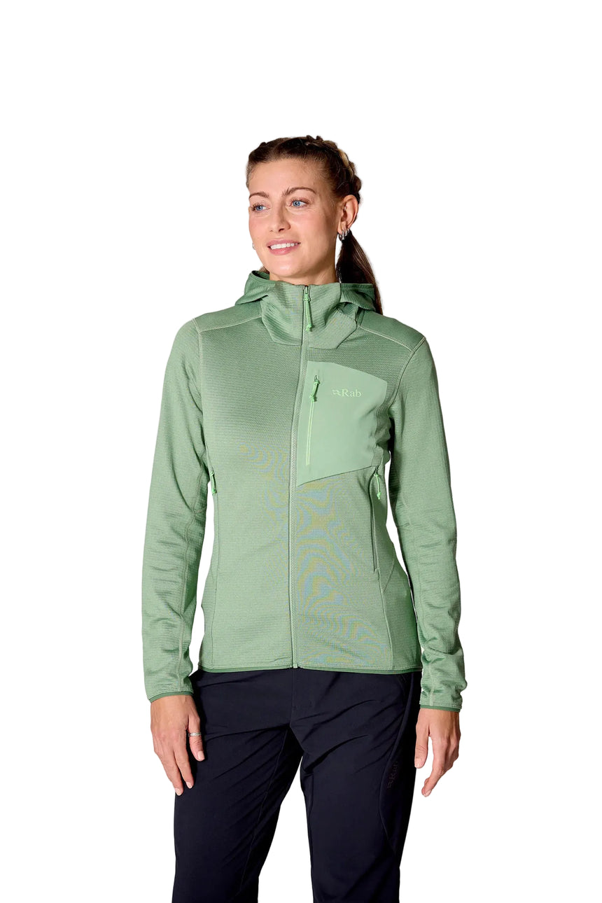 Rab Women's Ascendor Hoody in Dark Fig Green - front, worn