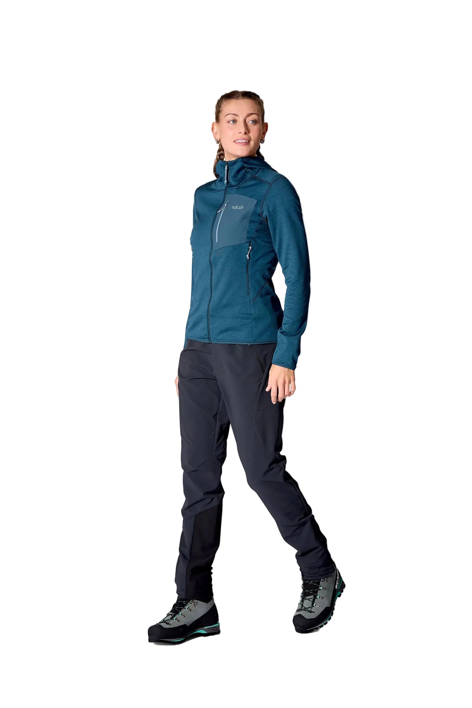 Rab Women's Ascendor Hoody in Tempest Blue - front, walking, worn