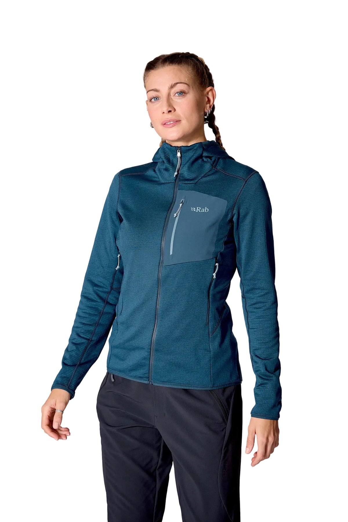 Rab Women's Ascendor Hoody in Tempest Blue - front, worn