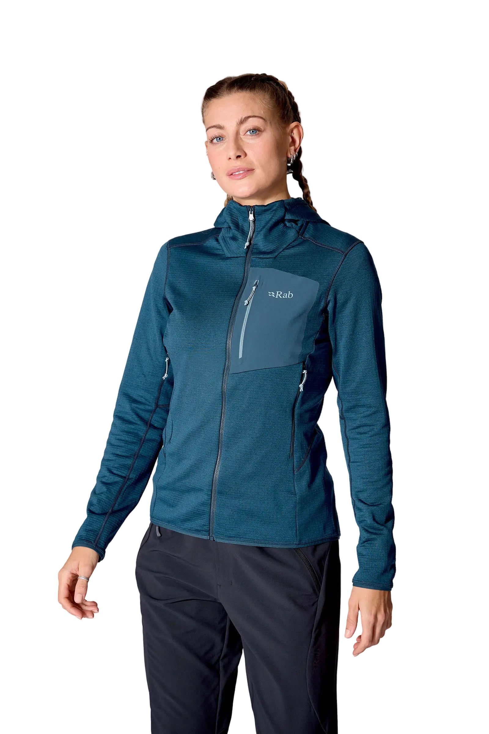 Rab Women's Ascendor Hoody in Tempest Blue - front, worn