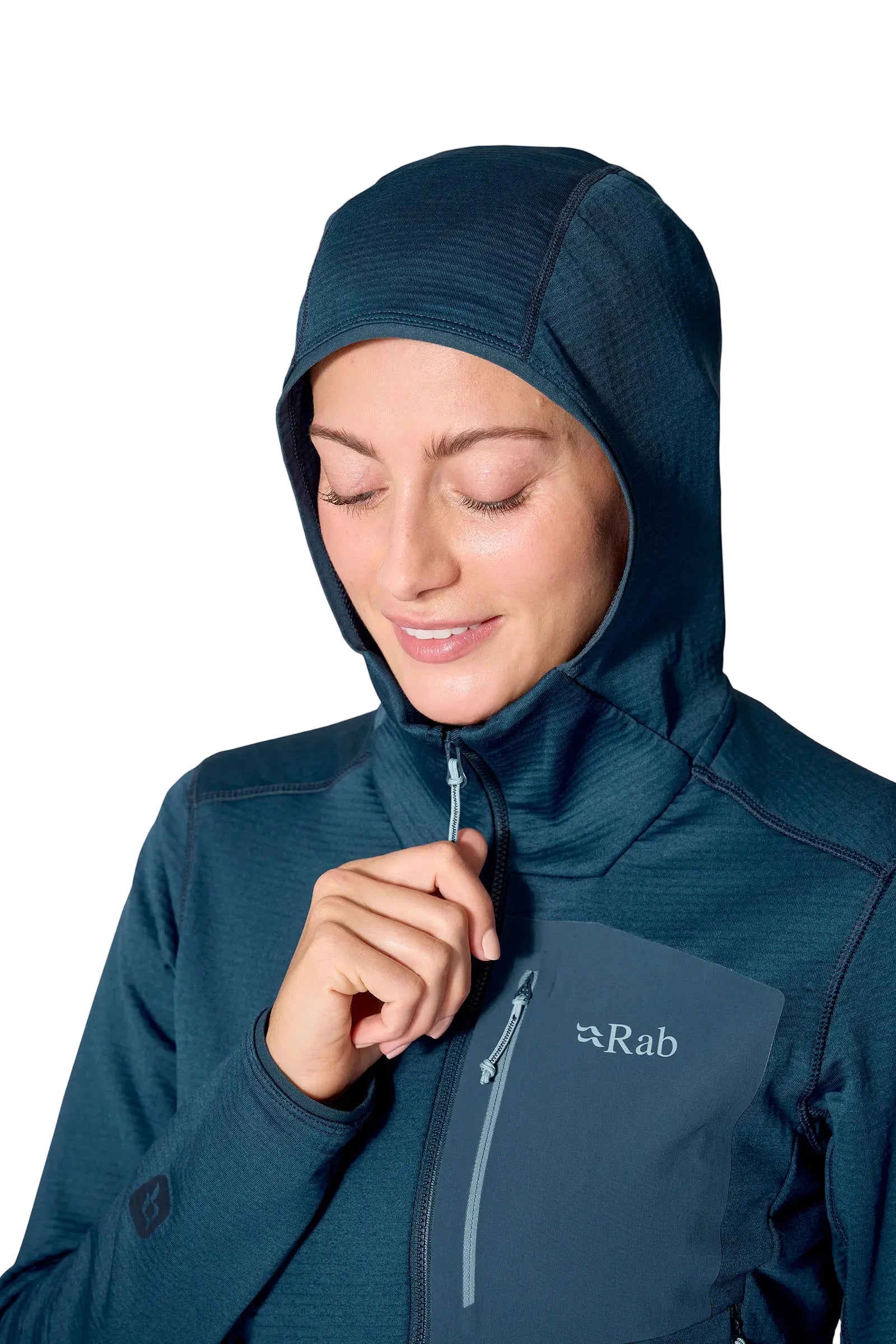 Rab Women's Ascendor Hoody in Tempest Blue - hood up, front, worn