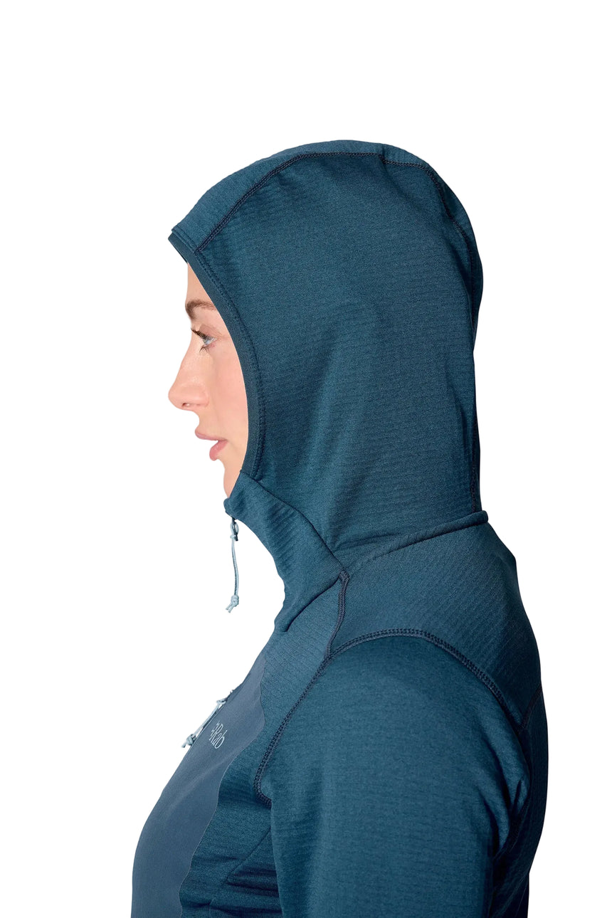 Rab Women's Ascendor Hoody in Tempest Blue - hood up, side, worn