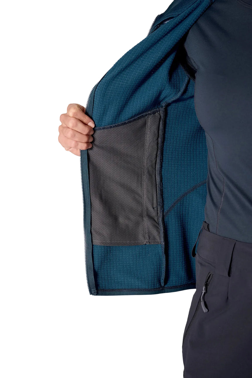 Rab Women's Ascendor Hoody in Tempest Blue - interior lining detail, worn