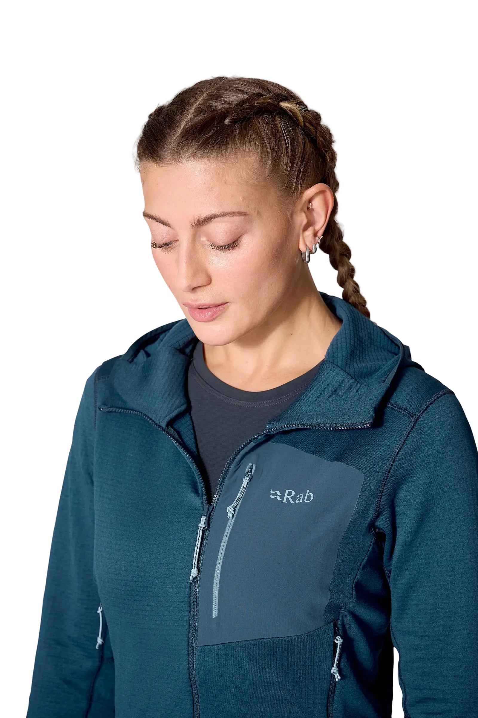 Rab Women's Ascendor Hoody in Tempest Blue - portrait, worn