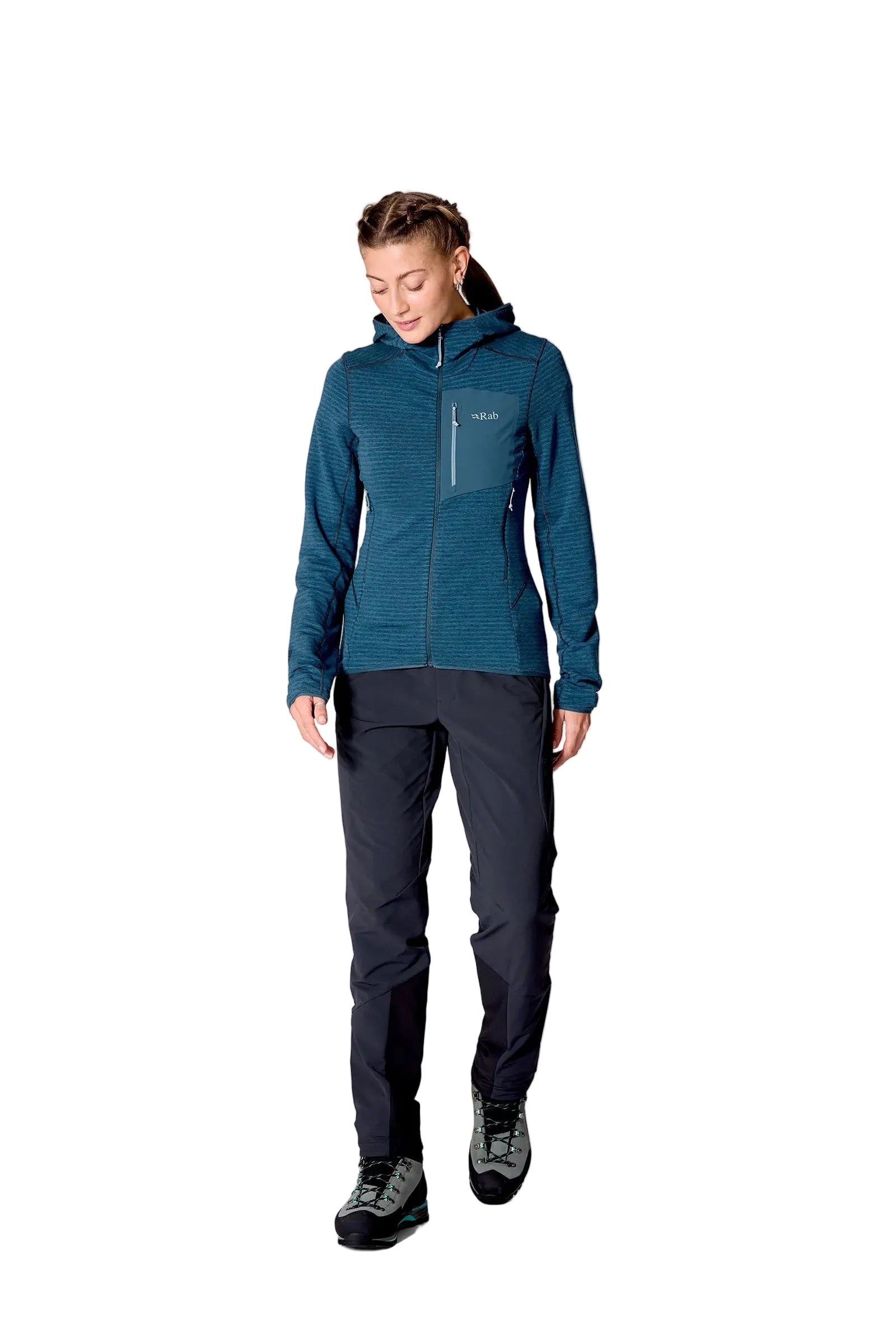 Rab Women's Ascendor Light Hoody in Tempest Blue - front, walking, worn