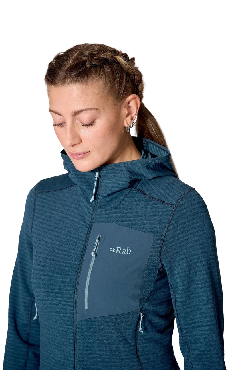 Rab Women's Ascendor Light Hoody in Tempest Blue - hood detail, front, worn