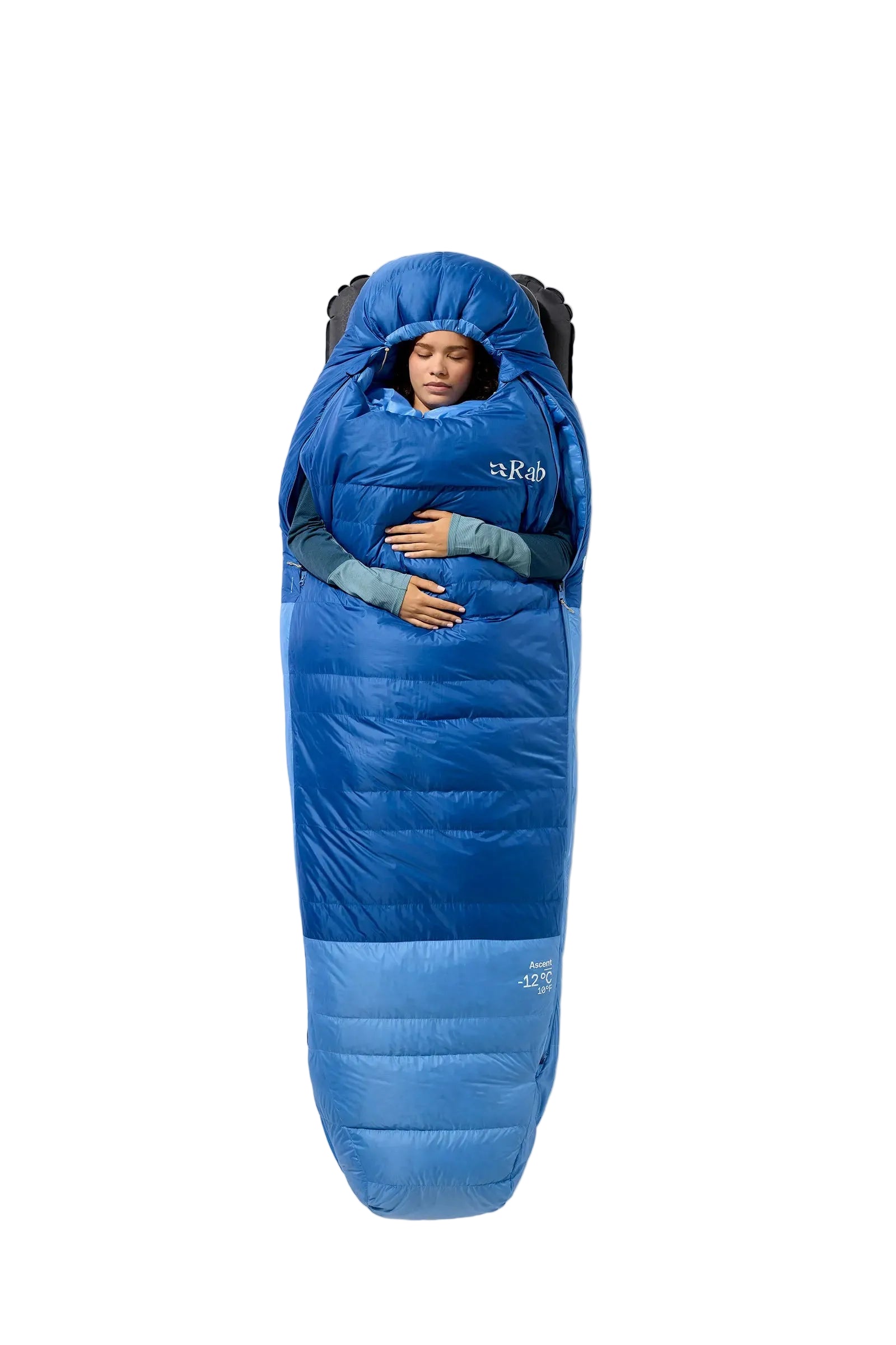 Rab Women's Ascent Down Sleeping Bag (-12°C/10F) in Dark Bluebird/Birdbird - Model Front