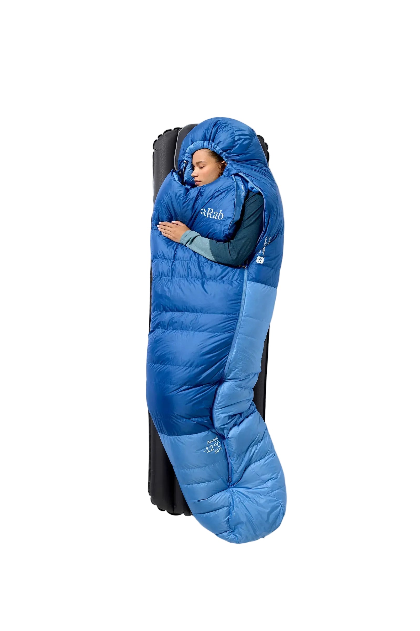 Rab Women's Ascent Down Sleeping Bag (-12°C/10F) in Dark Bluebird/Birdbird - Model Lying Wide