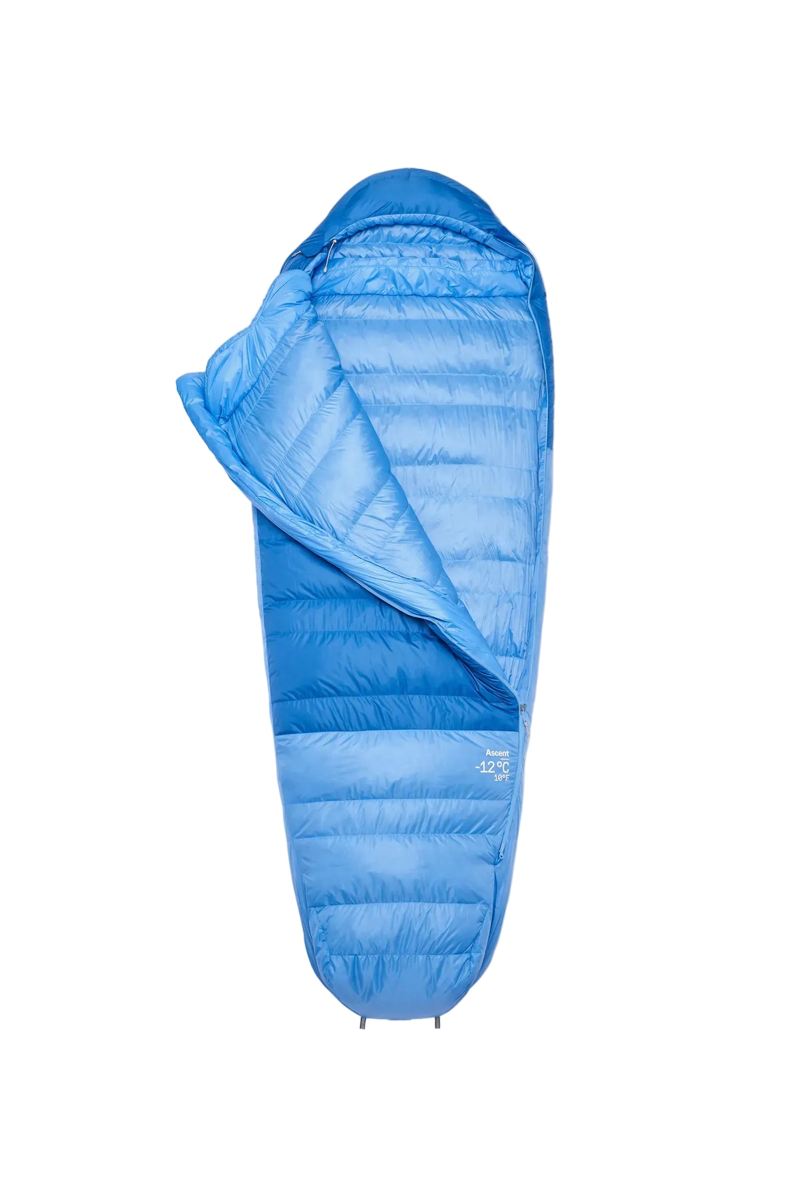 Rab Women's Ascent Down Sleeping Bag (-12°C/10F) in Dark Bluebird/Birdbird - Model Seated