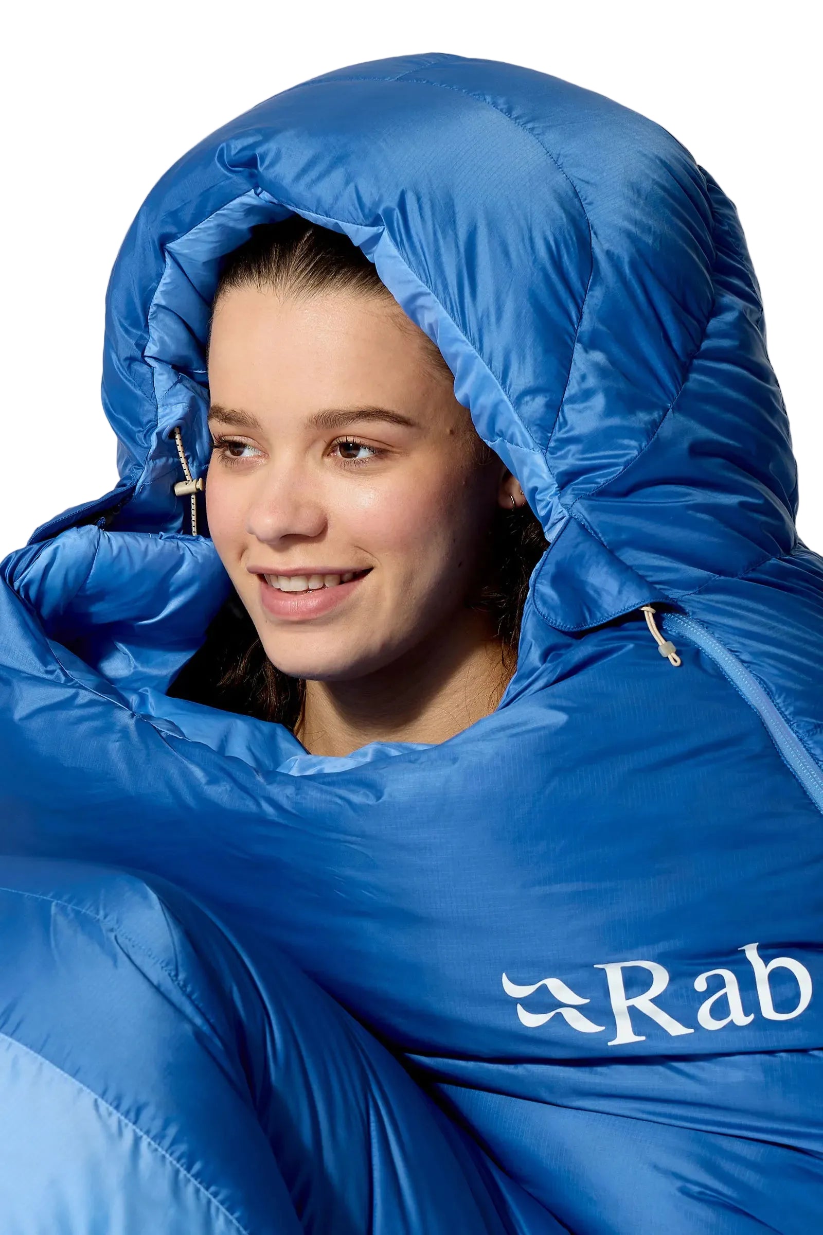 Rab Women's Ascent Down Sleeping Bag (-18°C/0F) in Dark BlueBird/BlueBird - Model Hood Portrait