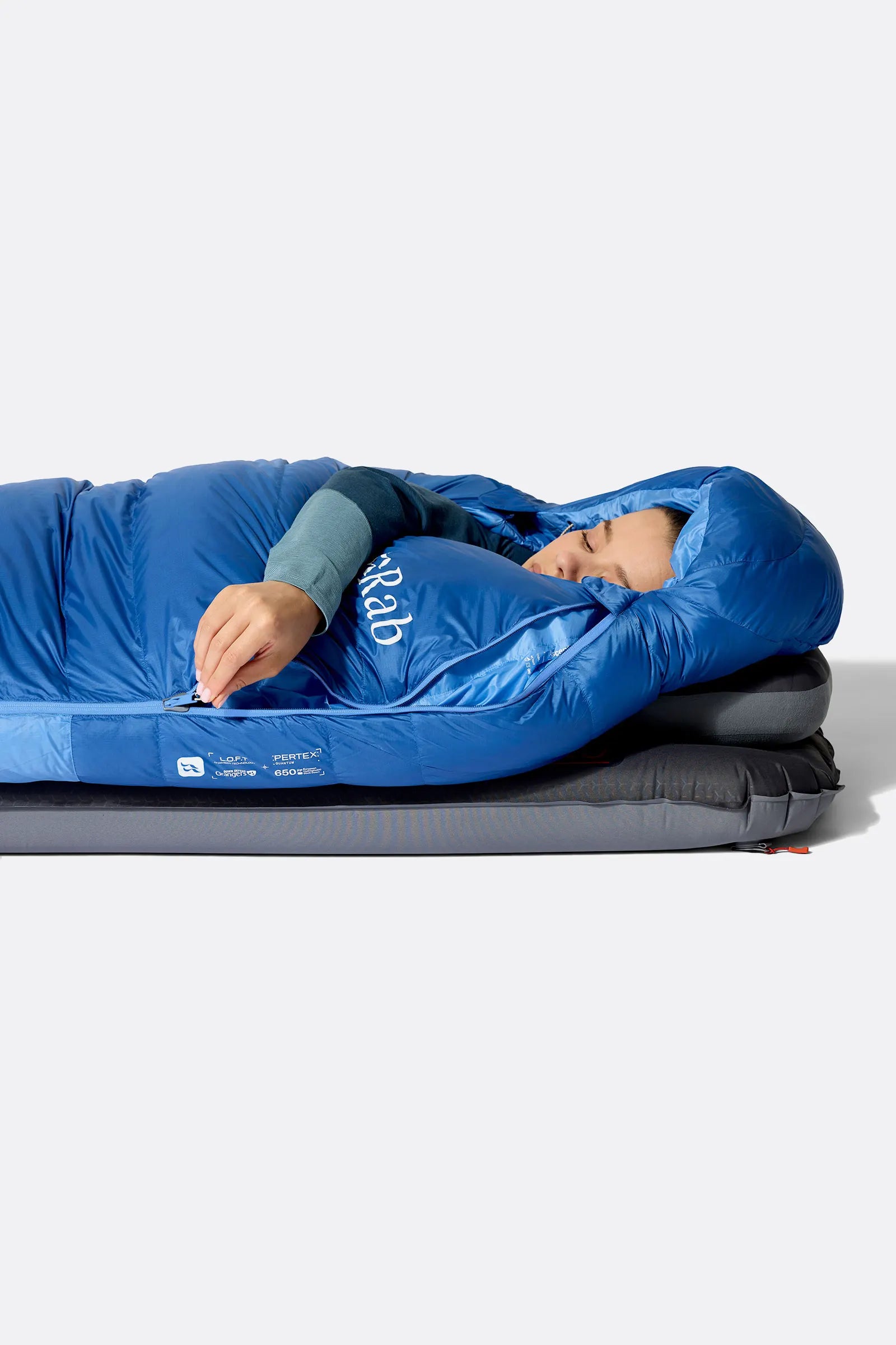 Rab Women's Ascent Down Sleeping Bag (-18°C/0F) in Dark BlueBird/BlueBird - Model Lying Top