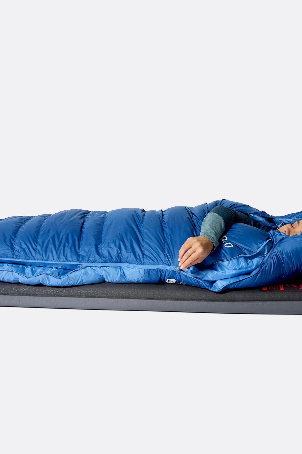 Rab Women's Ascent Down Sleeping Bag (-18°C/0F) in Dark BlueBird/BlueBird - Model Seated Hood
