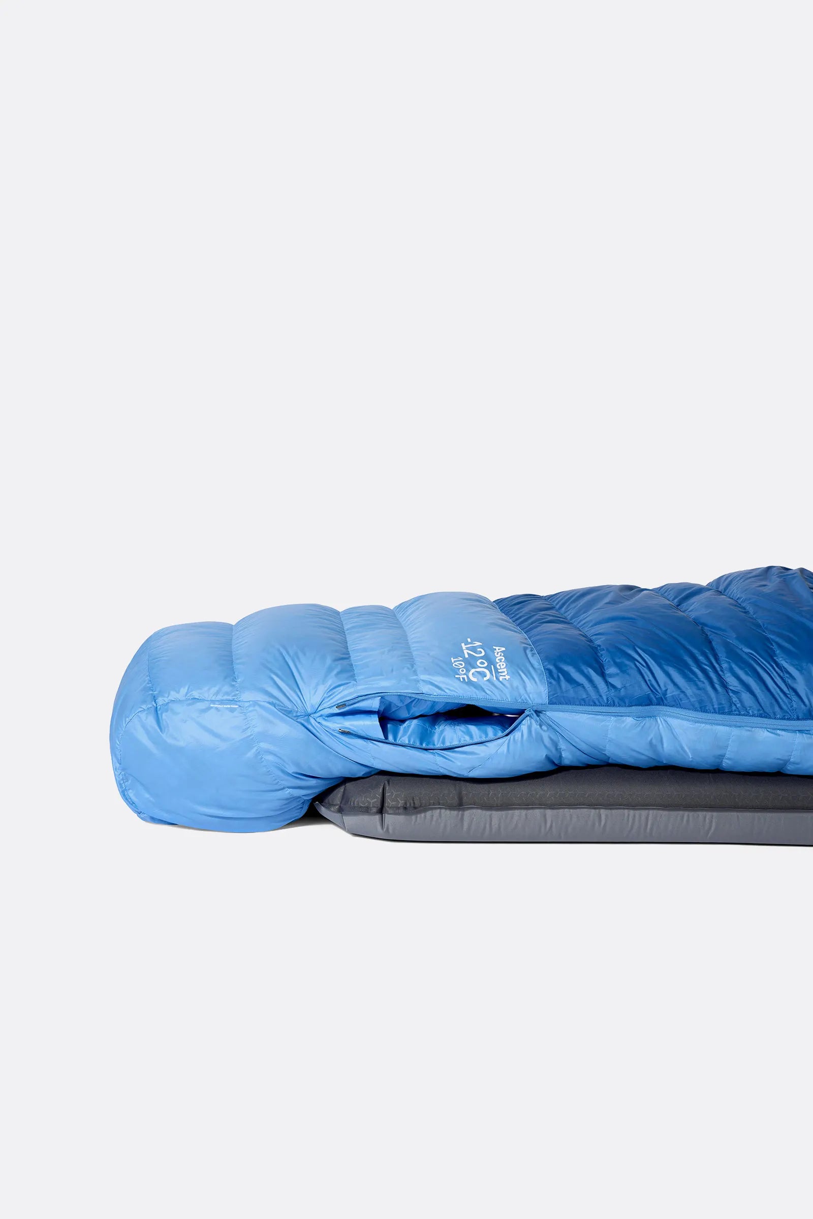 Rab Women's Ascent Down Sleeping Bag (-6°C/20F) in Dark Bluebird/Bluebird - Model Lying Left 2
