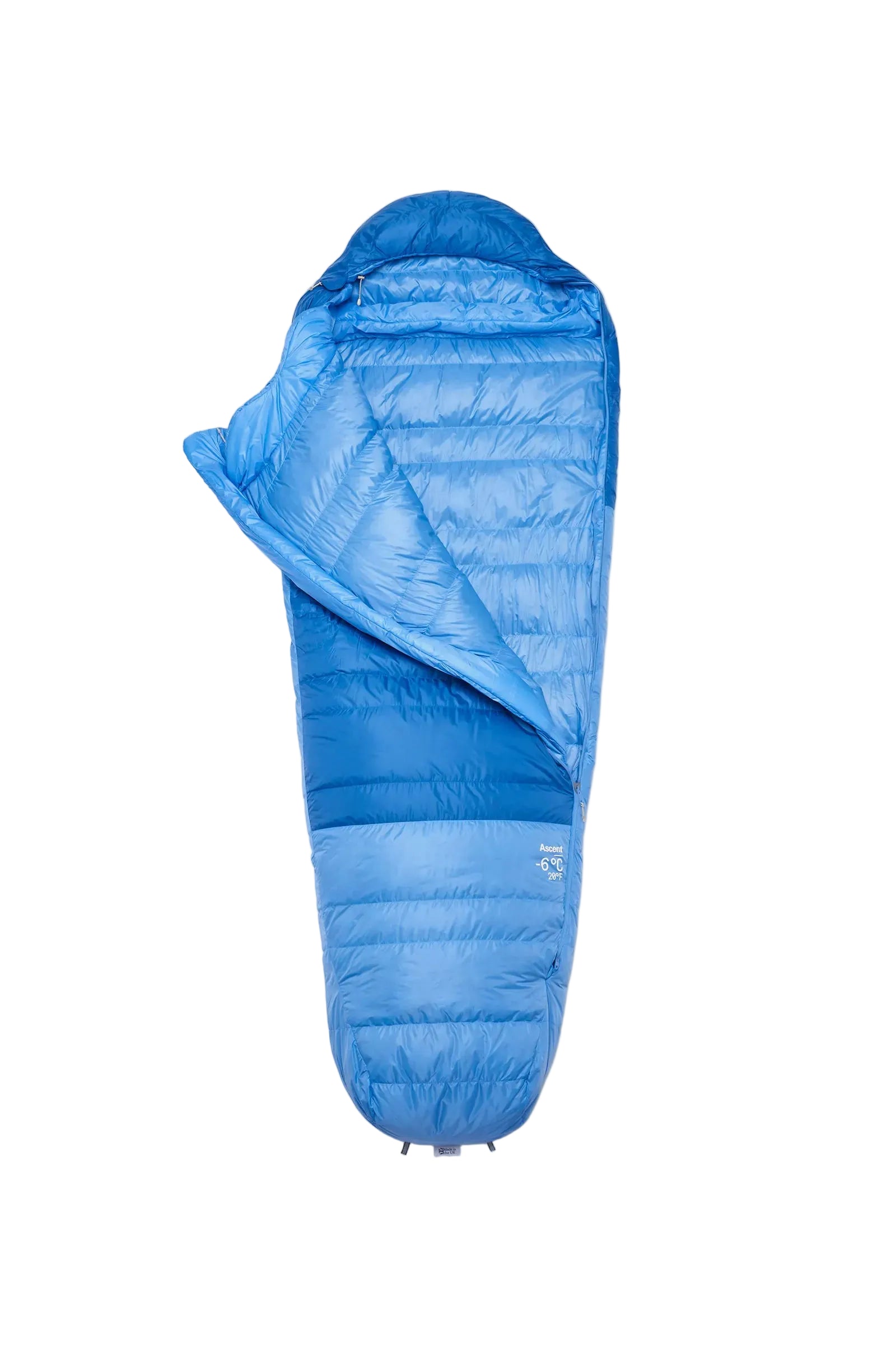 Rab Women's Ascent Down Sleeping Bag (-6°C/20F) in Dark Bluebird/Bluebird - Model Lying Left