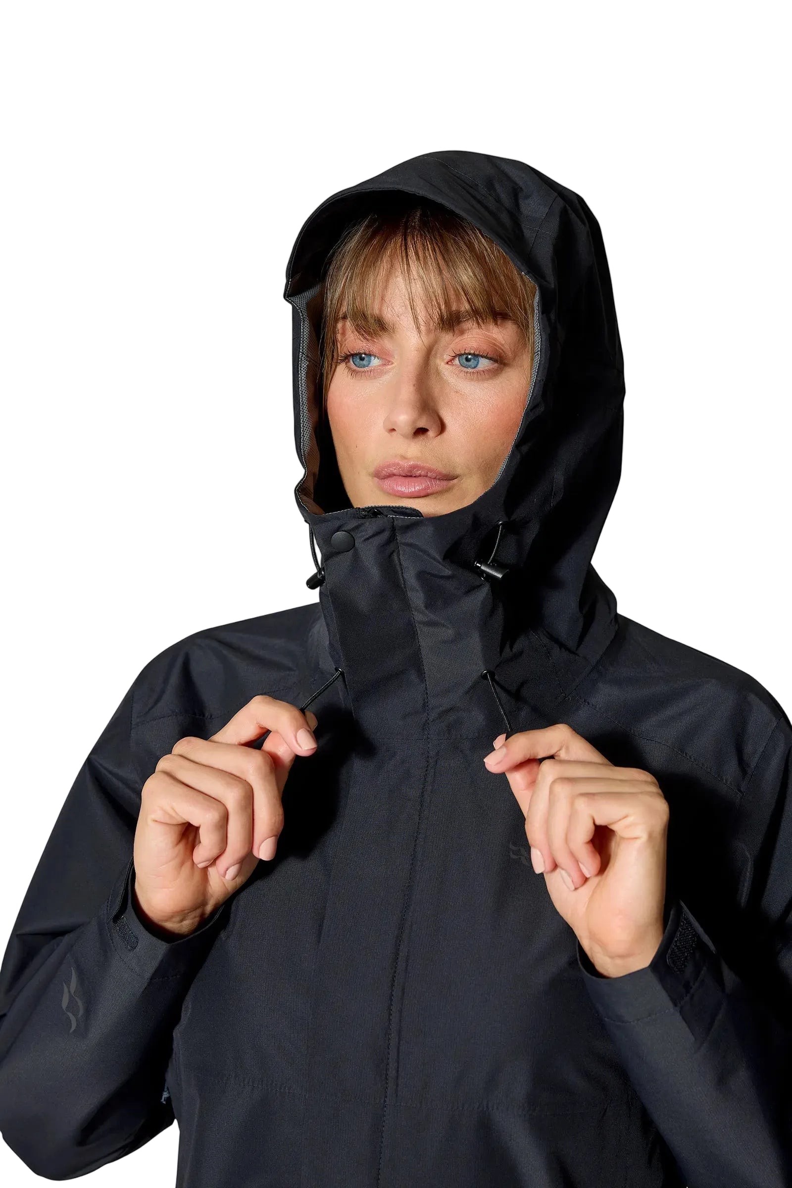 Rab Women's Downpour Eco Jacket in Black (styling reference) - chest zip and chin guard detail, worn