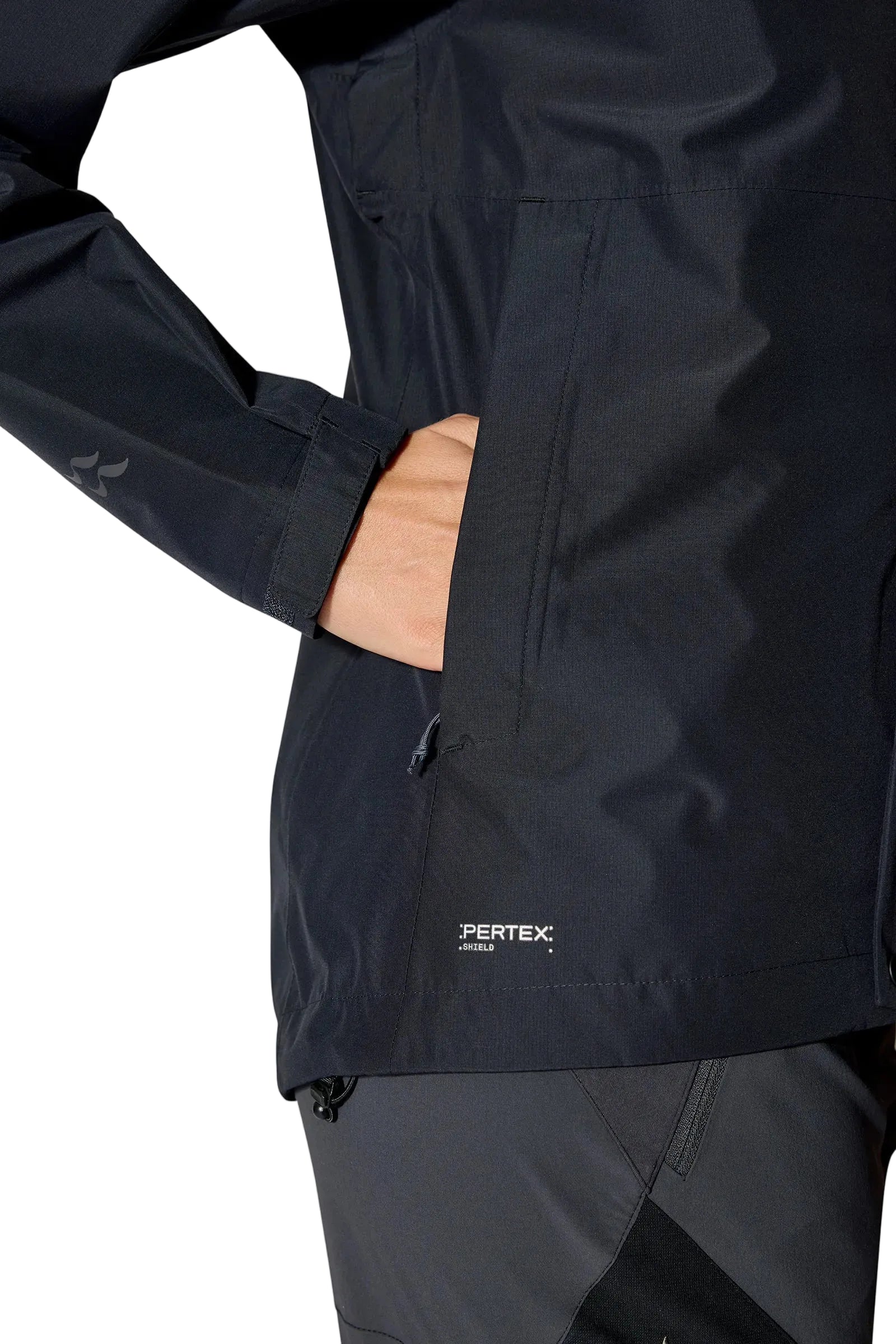 Rab Women's Downpour Eco Jacket in Black (styling reference) - hand pocket detail, worn