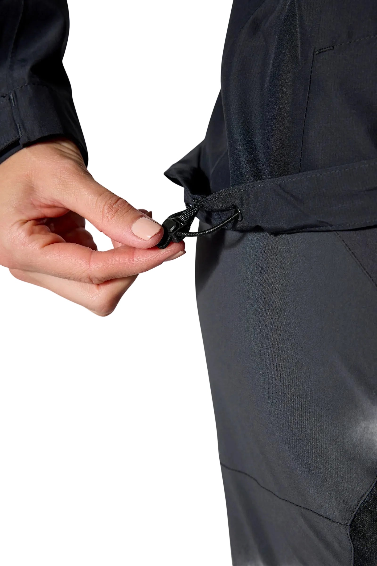 Rab Women's Downpour Eco Jacket in Black (styling reference) - hem drawcord detail, worn