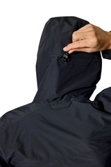 Rab Women's Downpour Eco Jacket in Black (styling reference) - hood adjustment detail, worn