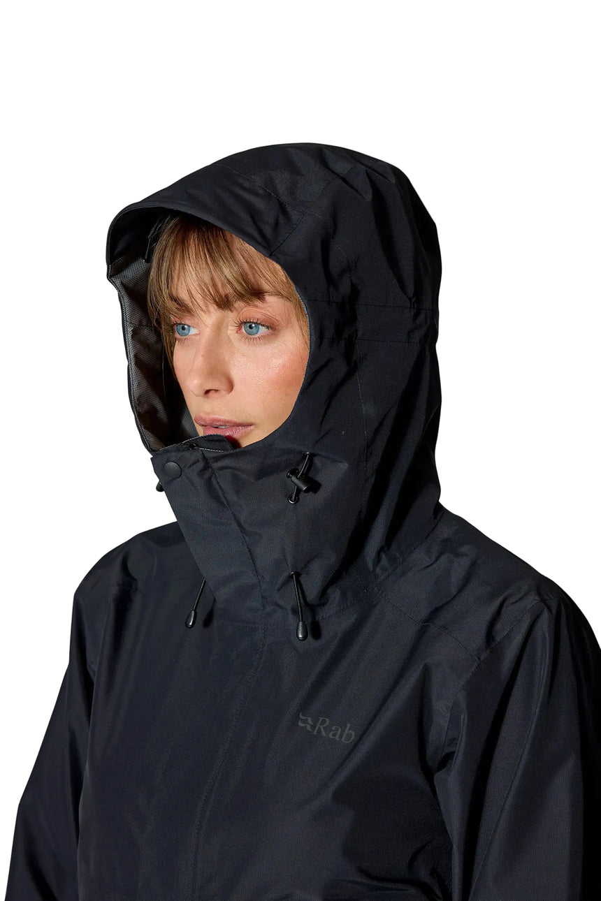 Rab Women's Downpour Eco Jacket in Black (styling reference) - hood detail, worn, side