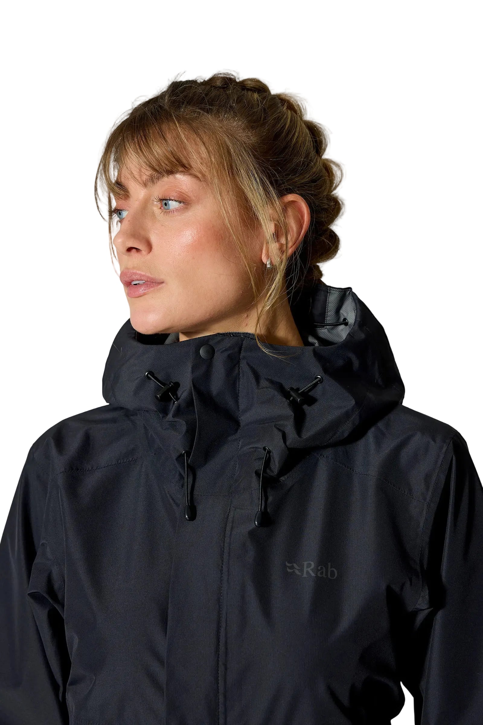 Rab Women's Downpour Eco Jacket in Black (styling reference) - worn, hood up, front