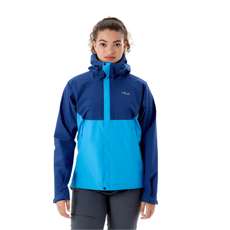 Rab Women's Downpour Eco Jacket in Nightfall Blue/Alaska Blue - worn, front