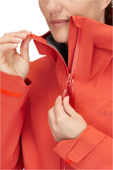 Rab Women's Downpour Light Waterproof Jacket in Red Grapefruit - chin guard detail, worn