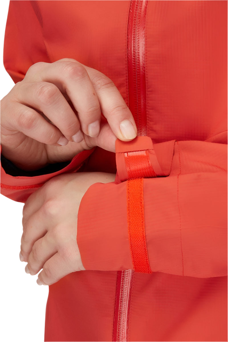 Rab Women's Downpour Light Waterproof Jacket in Red Grapefruit - cuff detail, worn