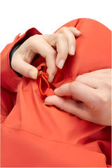 Rab Women's Downpour Light Waterproof Jacket in Red Grapefruit - hood cinch detail, worn