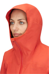 Rab Women's Downpour Light Waterproof Jacket in Red Grapefruit - hood detail, worn