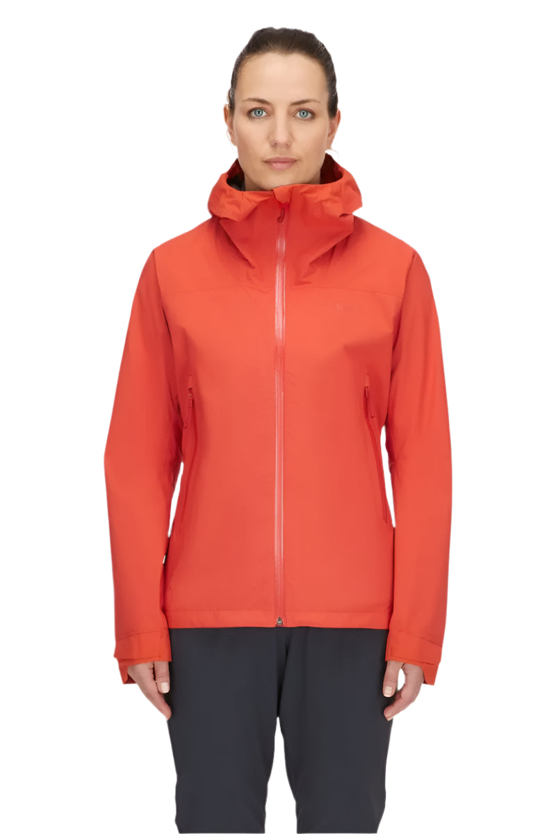 Rab Women's Downpour Light Waterproof Jacket in Red Grapefruit - worn, front