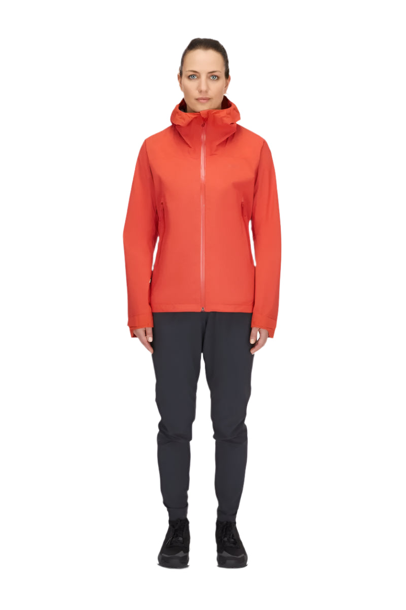 Rab Women's Downpour Light Waterproof Jacket in Red Grapefruit - worn, full length