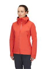 Rab Women's Downpour Light Waterproof Jacket in Red Grapefruit - worn, three-quarter