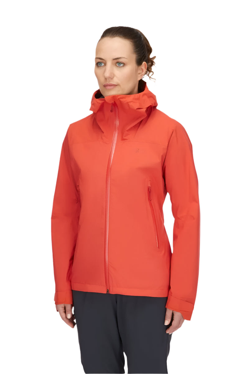 Rab Women's Downpour Light Waterproof Jacket in Red Grapefruit - worn, three-quarter