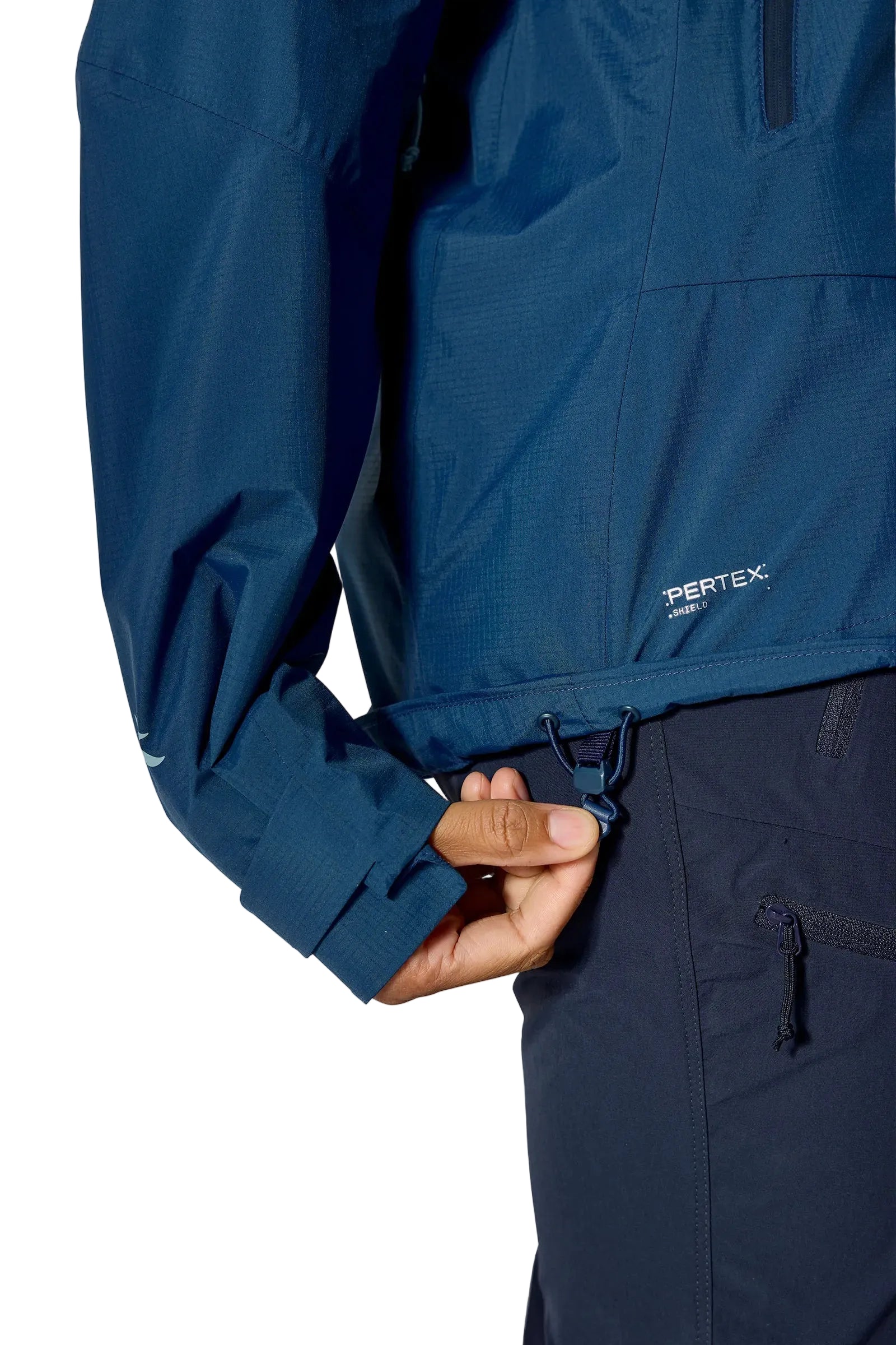Rab Women's Downpour Mountain Waterproof Jacket in Tempest Blue - hem detail