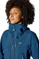 Rab Women's Downpour Mountain Waterproof Jacket in Tempest Blue - worn, front