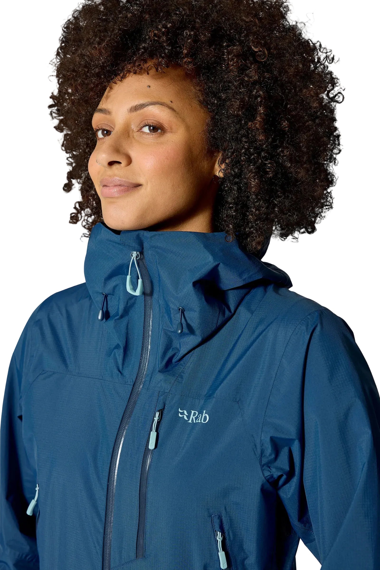 Rab Women's Downpour Mountain Waterproof Jacket in Tempest Blue - worn, front