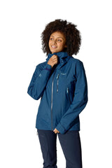 Rab Women's Downpour Mountain Waterproof Jacket in Tempest Blue - worn, upper body