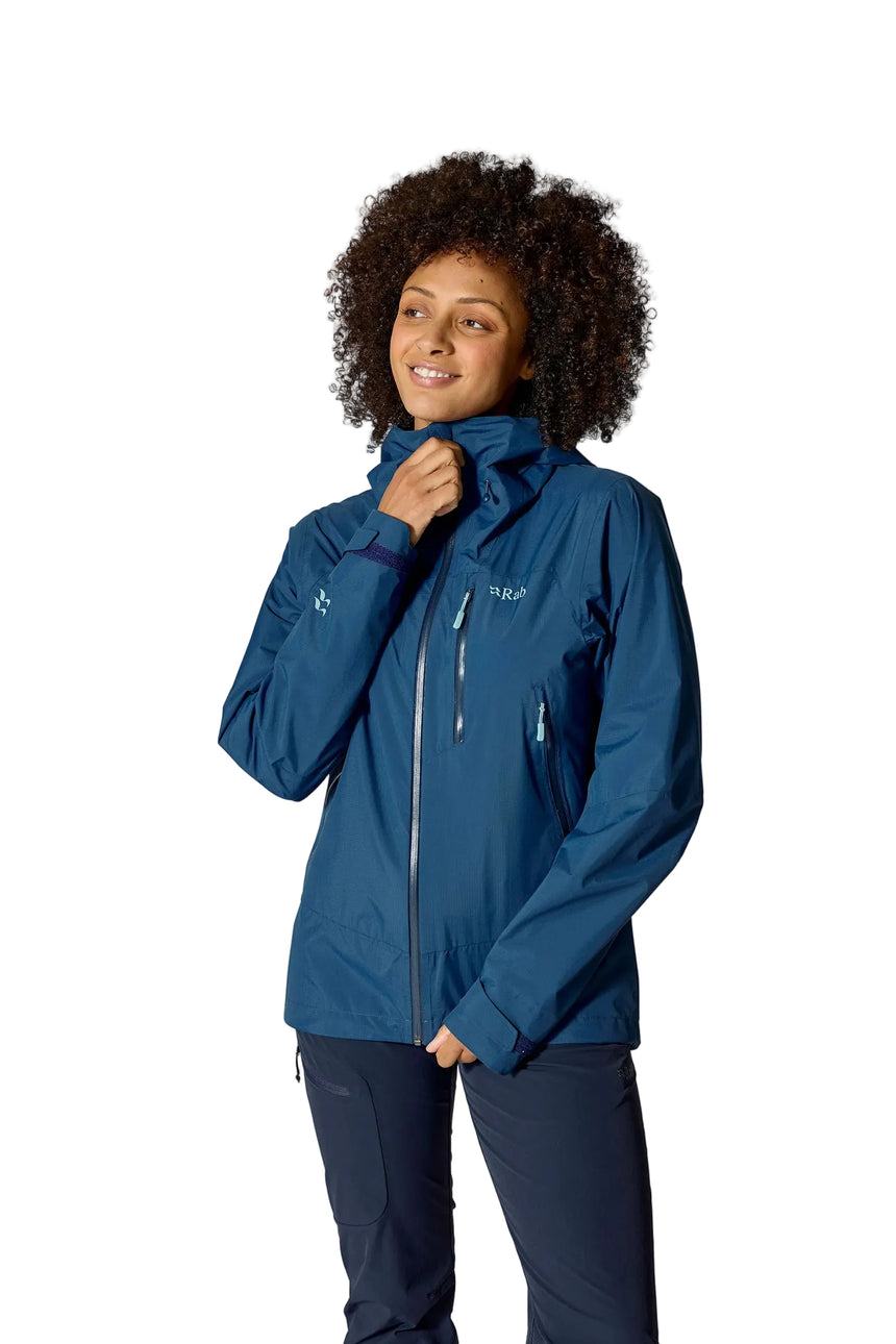 Rab Women's Downpour Mountain Waterproof Jacket in Tempest Blue - worn, upper body
