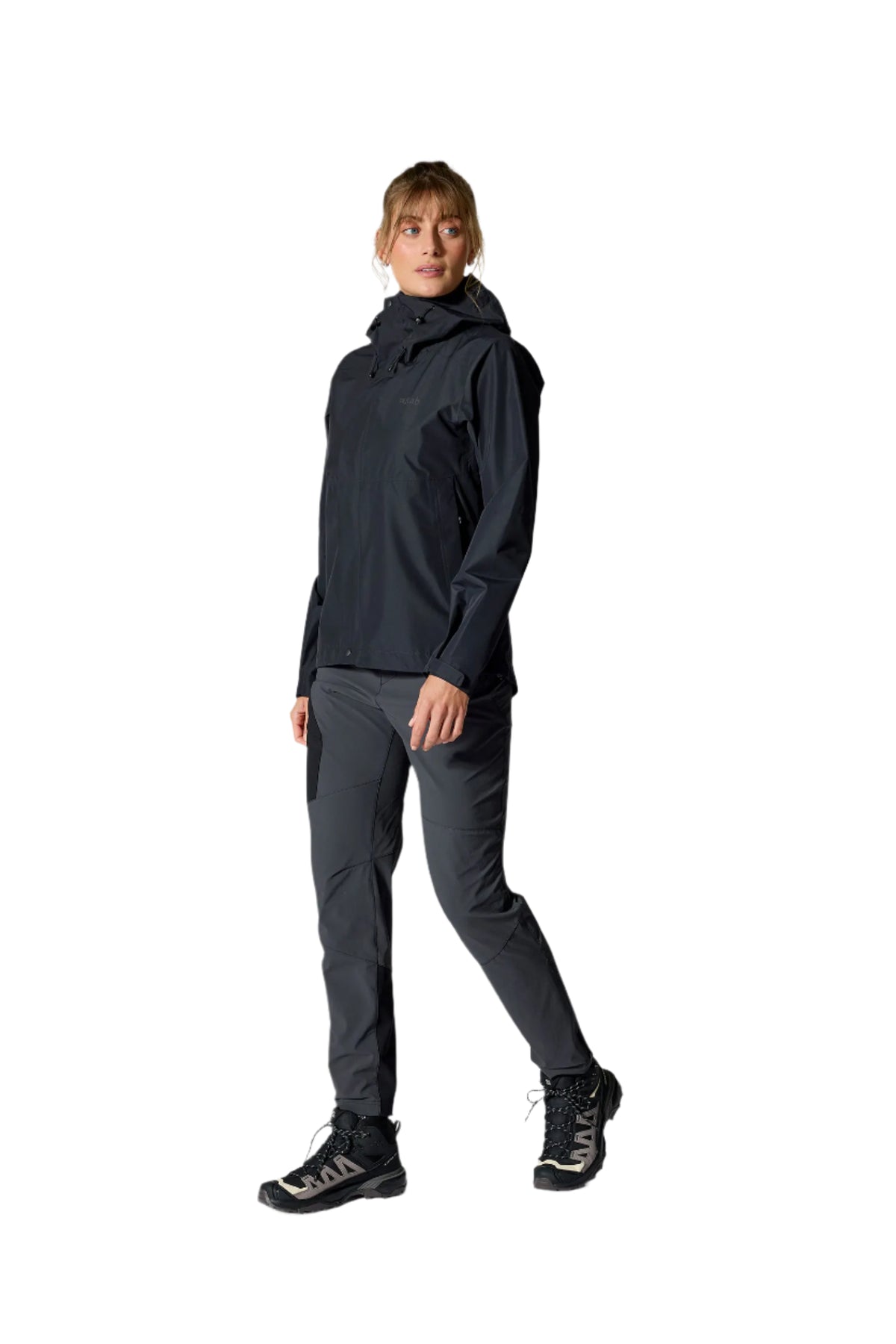 Rab Women's Downpour Waterproof Jacket in Black - worn, walking, side