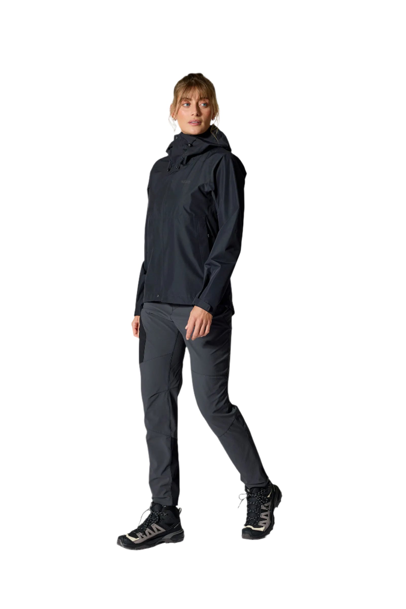 Rab Women's Downpour Waterproof Jacket in Black - worn, walking, side
