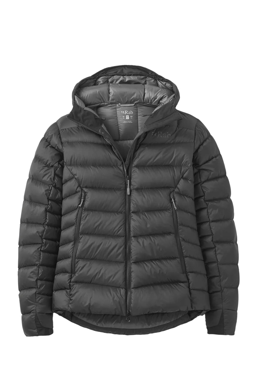 Rab Women's Electron Pro Down Jacket in Black - front, hood up