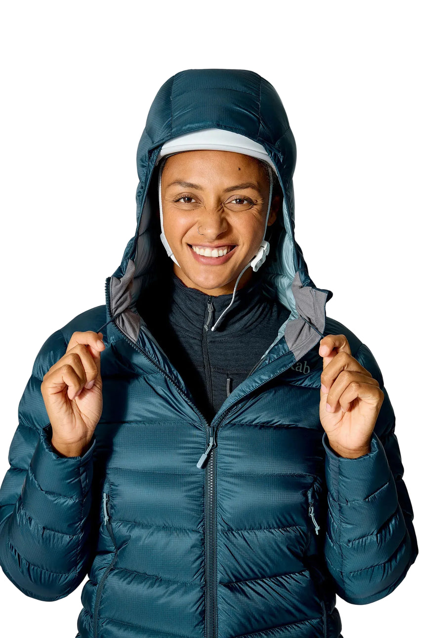 Rab Women's Electron Pro Down Jacket in Black - hood up, worn, front