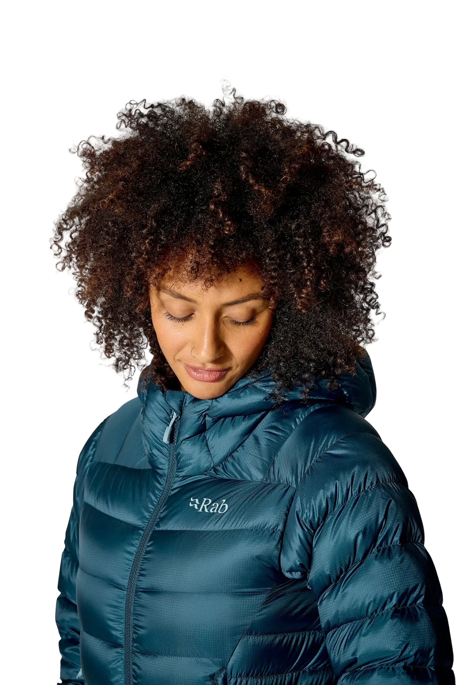 Rab Women's Electron Pro Down Jacket in Black - hood up, worn, looking down