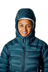 Rab Women's Electron Pro Down Jacket in Black - hood up, worn, three-quarter