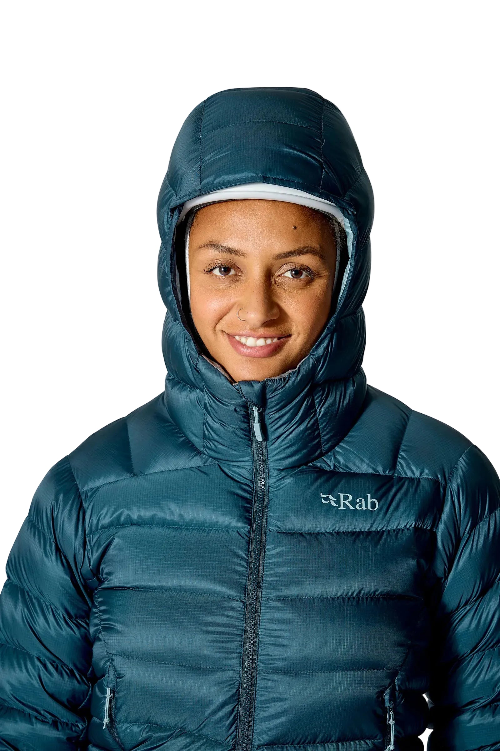 Rab Women's Electron Pro Down Jacket in Black - hood up, worn, three-quarter