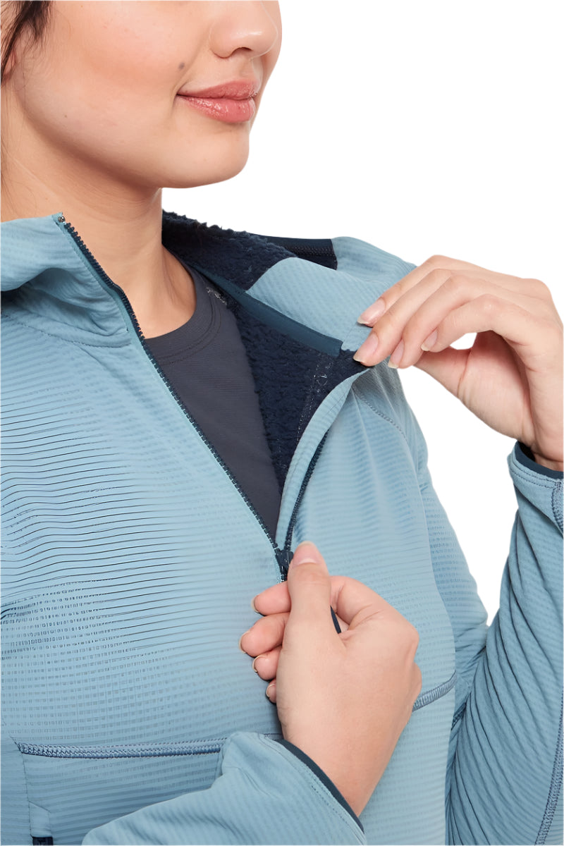 Rab Women's Evolute Hoody in Citadel - chest pocket detail