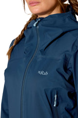 Rab Women's Firewall Light Waterproof Jacket in Tempest Blue - front detail, worn