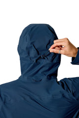 Rab Women's Firewall Light Waterproof Jacket in Tempest Blue - hood cinch detail, worn