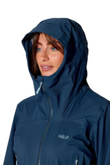 Rab Women's Firewall Light Waterproof Jacket in Tempest Blue - hood detail, worn